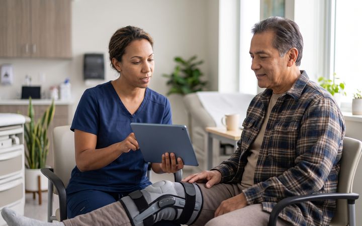 A clinician reviewing an assessment on a tablet with a patient in a pain management visit