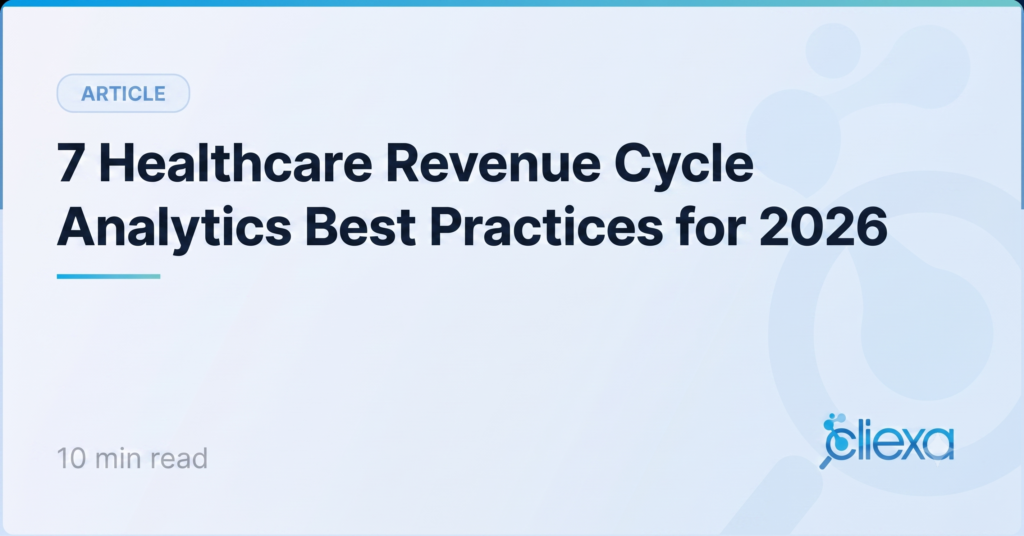 Healthcare revenue cycle analytics banner showing a closed-loop revenue cycle intelligence workflow, from patient intake through coding, claim submission, and denials, with outcomes feeding back to prevent revenue leakage.