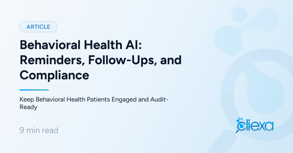 Behavioral health AI workflow diagram showing patient engagement and documentation tracks governed by cliexaAI, feeding a shared record where the EMR stays the system of record.