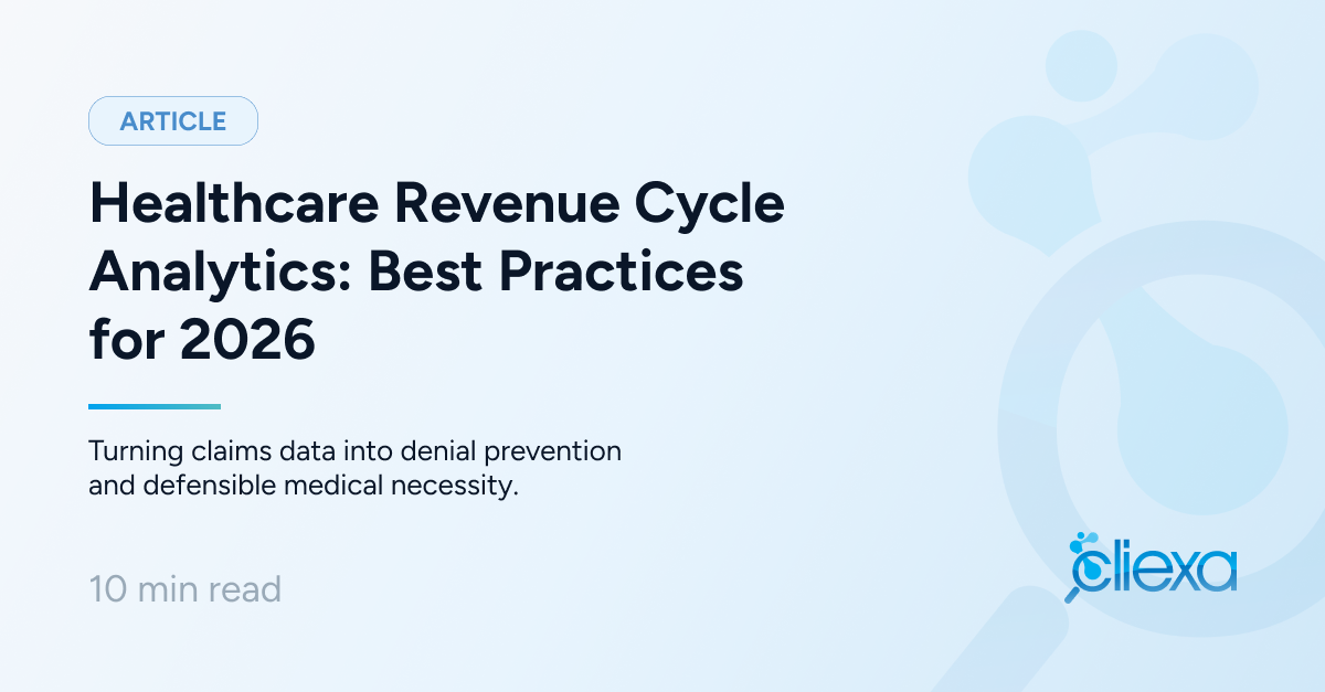 Healthcare revenue cycle analytics banner showing a closed-loop revenue cycle intelligence workflow, from patient intake through coding, claim submission, and denials, with outcomes feeding back to prevent revenue leakage.